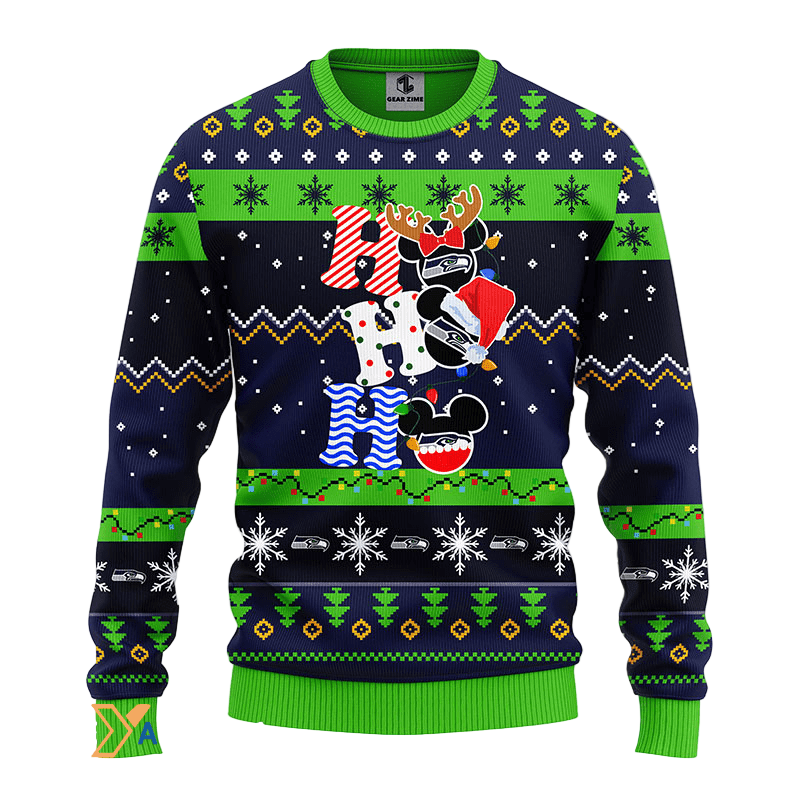 Ugly Christmas Sweater Seattle-Seahawks, HoHoHo Graphics Mouse Blue/Green