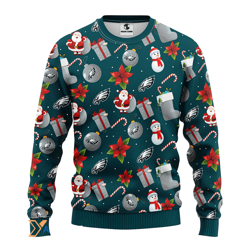 Ugly Christmas Sweater Philadelphia-Eagles, Santa Claus Snowman Green