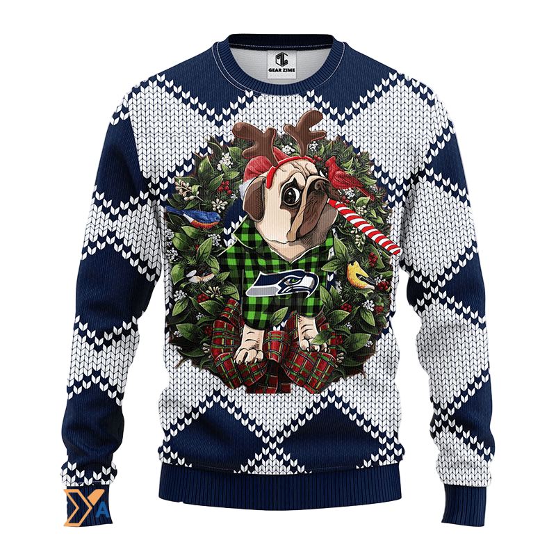 Ugly Christmas Sweater Seattle-Seahawks, Pub Dog Blue/White