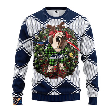 Ugly Christmas Sweater Seattle-Seahawks, Pub Dog Blue/White