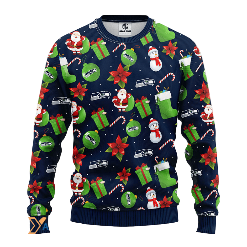 Ugly Christmas Sweater Seattle-Seahawks, Santa Claus Snowman Blue/Green