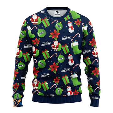 Ugly Christmas Sweater Seattle-Seahawks, Santa Claus Snowman Blue/Green