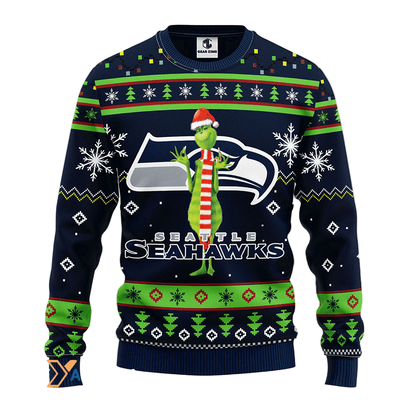Ugly Christmas Sweater Seattle-Seahawks, The Grinch Green/Blue