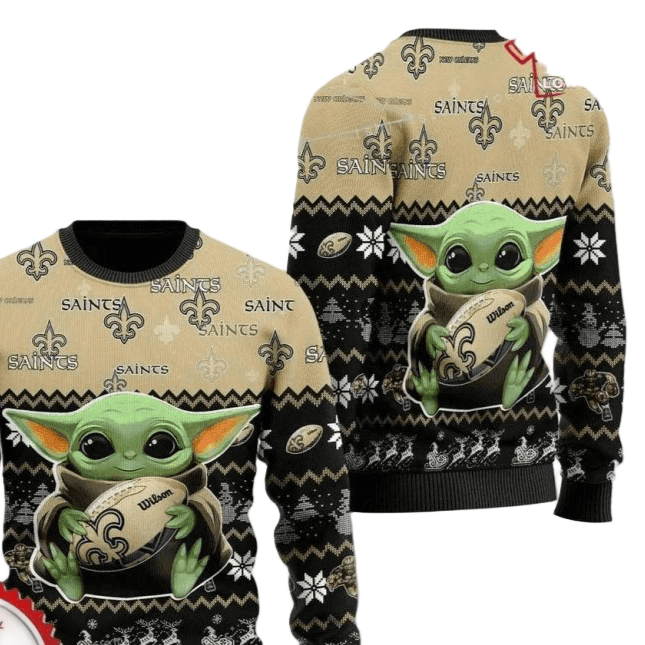 Ugly Christmas Sweater New-Orleans-Saints, Baby Yoda Beige/Black