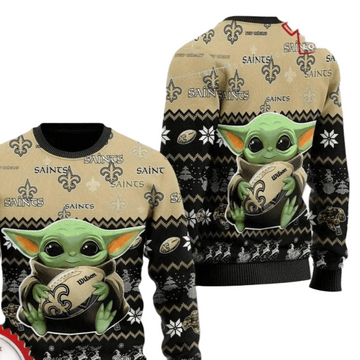 Ugly Christmas Sweater New-Orleans-Saints, Baby Yoda Beige/Black