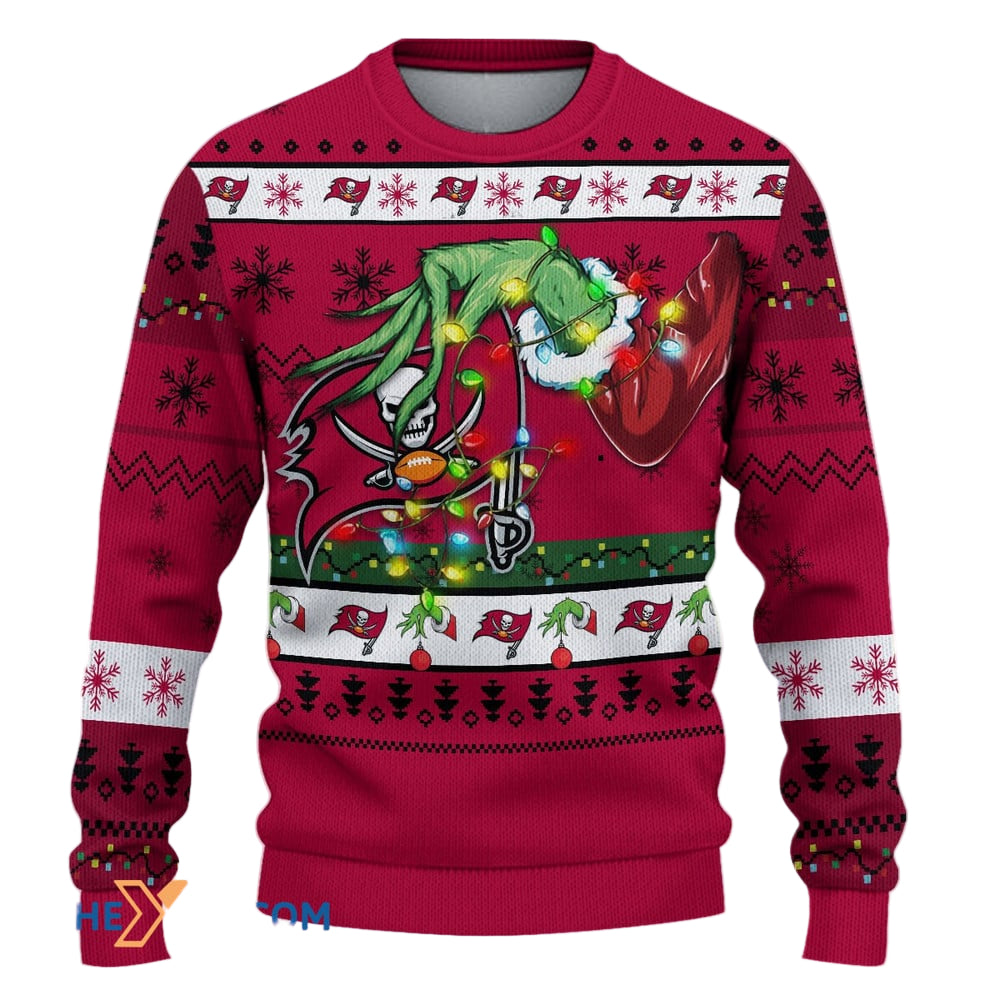 Ugly Christmas Sweater Tampa-Bay-Buccaneers, Fire The Cannons Grinch Christmas Snowflakes Red