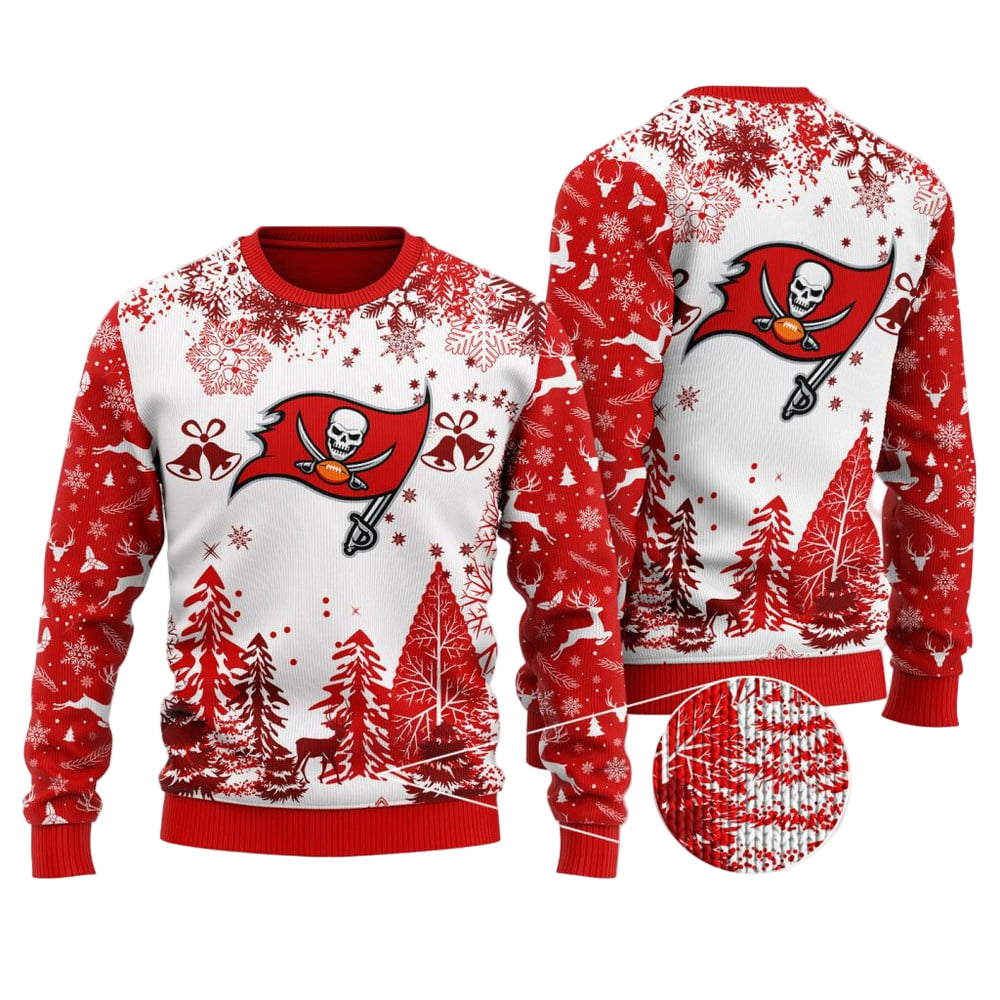 Ugly Christmas Sweater Tampa-Bay-Buccaneers, Fire The Cannons Grinch Christmas Snowflakes Pine Tree White Red