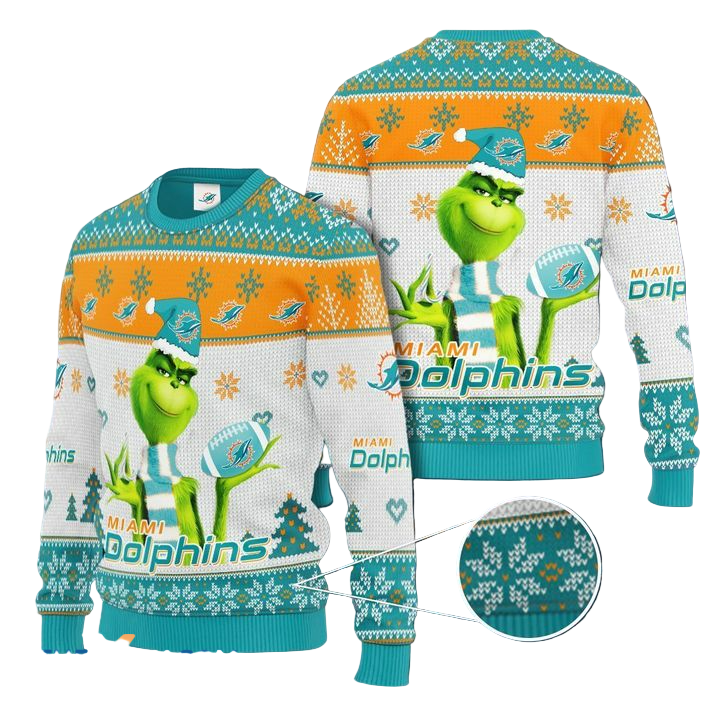 Ugly Christmas Sweater Miamidolphins, The Grinch White/Orange/Green