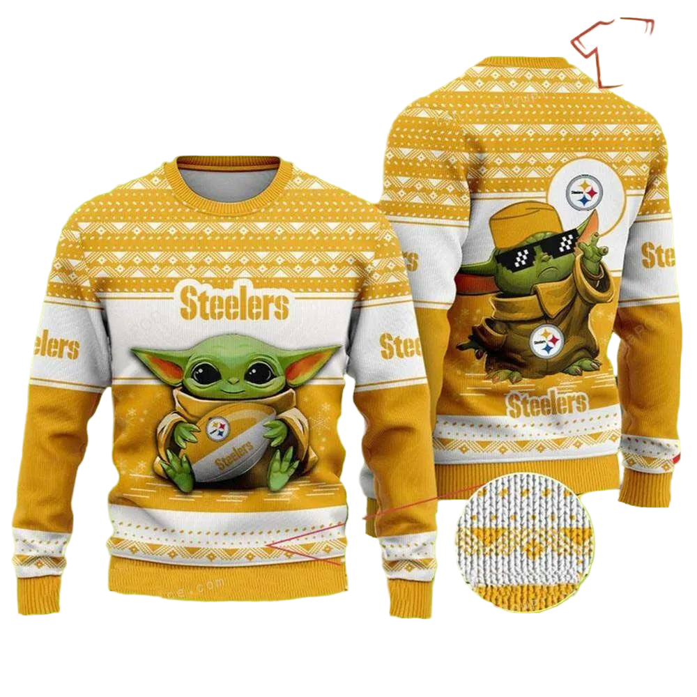 Ugly Christmas Sweater Pittsburgh, Baby Yoda Yellow/White