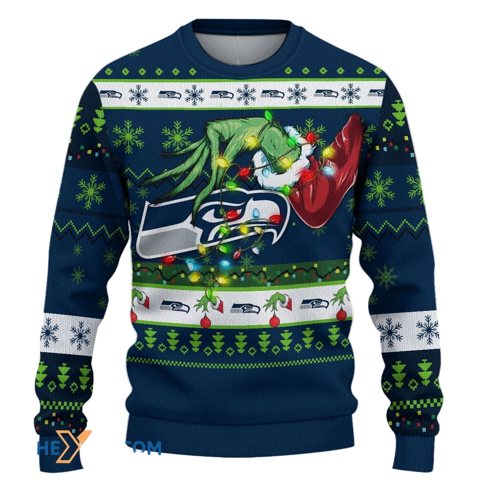 Ugly Christmas Sweater Seattle-Seahawks, Emerald City Grinch Christmas Snowflakes Navy