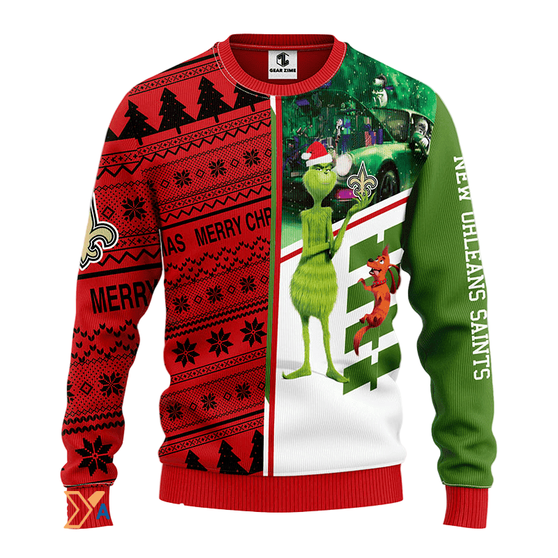 Ugly Christmas Sweater New-Orleans-Saints,Grinch Scooby-Doo Green/White/Red