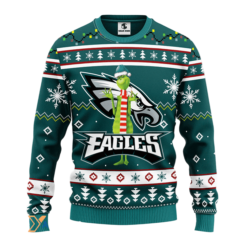 Ugly Christmas Sweater Philadelphia-Eagles, Grinch Dark Green/White