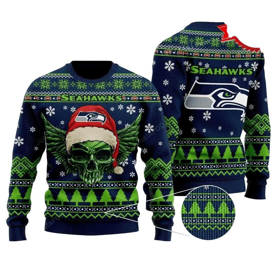 Ugly Christmas Sweater Seattle-Seahawks, Skull Green/Blue