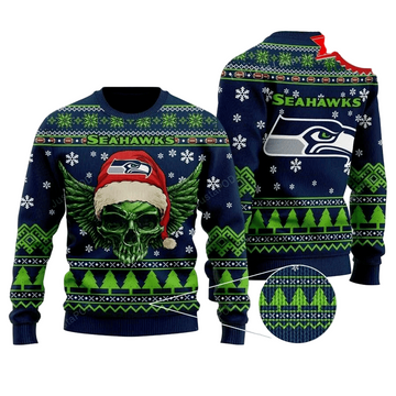 Ugly Christmas Sweater Seattle-Seahawks, Skull Green/Blue