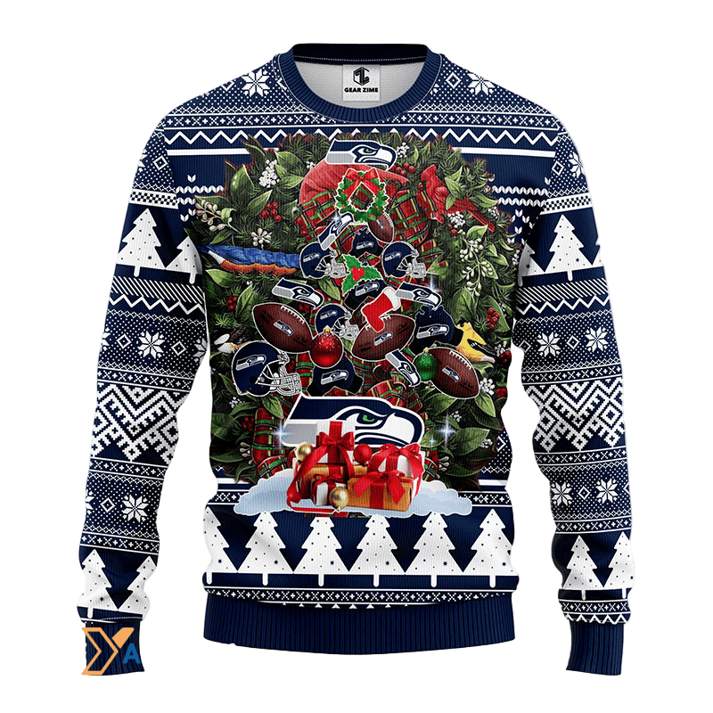 Ugly Christmas Sweater Seattle-Seahawks, Tree Blue/White