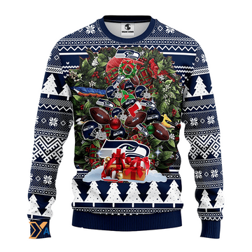 Ugly Christmas Sweater Seattle-Seahawks, Tree Blue/White