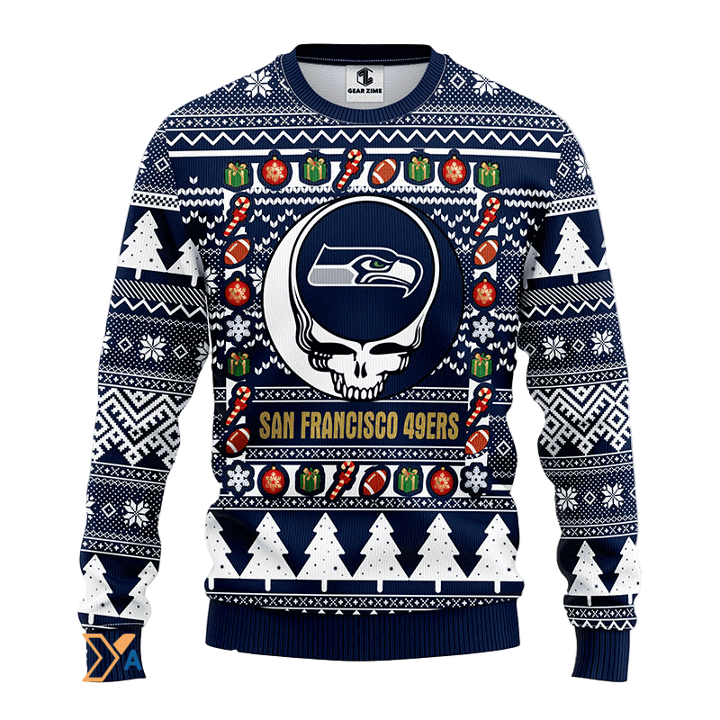 Ugly Christmas Sweater Seattle-Seahawks, Skull White/Blue