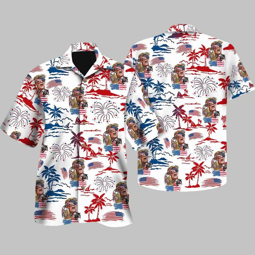 Trump President Drink Beer 4th Of July Hawaiian Shirt Donald Trump 45-47 Merch Aloha Shirt -WearandDecor