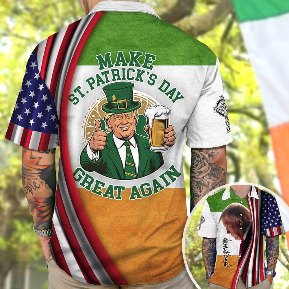 Make St Patrick's Day Great Again Hawaiian Shirt Trump Drinking 45-47 Merchandise -WearandDecor