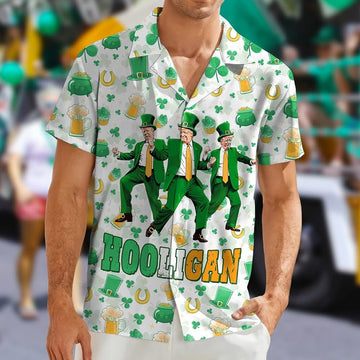 Trump Dancing Hooligan Hawaiian Shirt Funny Trump 45-47 Merch St Patrick's Day Shirt -WearandDecor