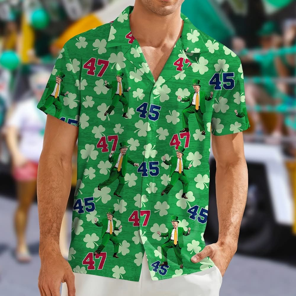 Trump Dancing 45 47 Shamrock Hawaiian Shirt Funny Trump 2025 Shirt St Patrick's Day Gifts -WearandDecor