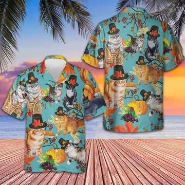 Cats Thanksgiving Hawaiian Shirt Cat Lovers Cute Button Up Shirt 2024 Thanksgiving -WearandDecor