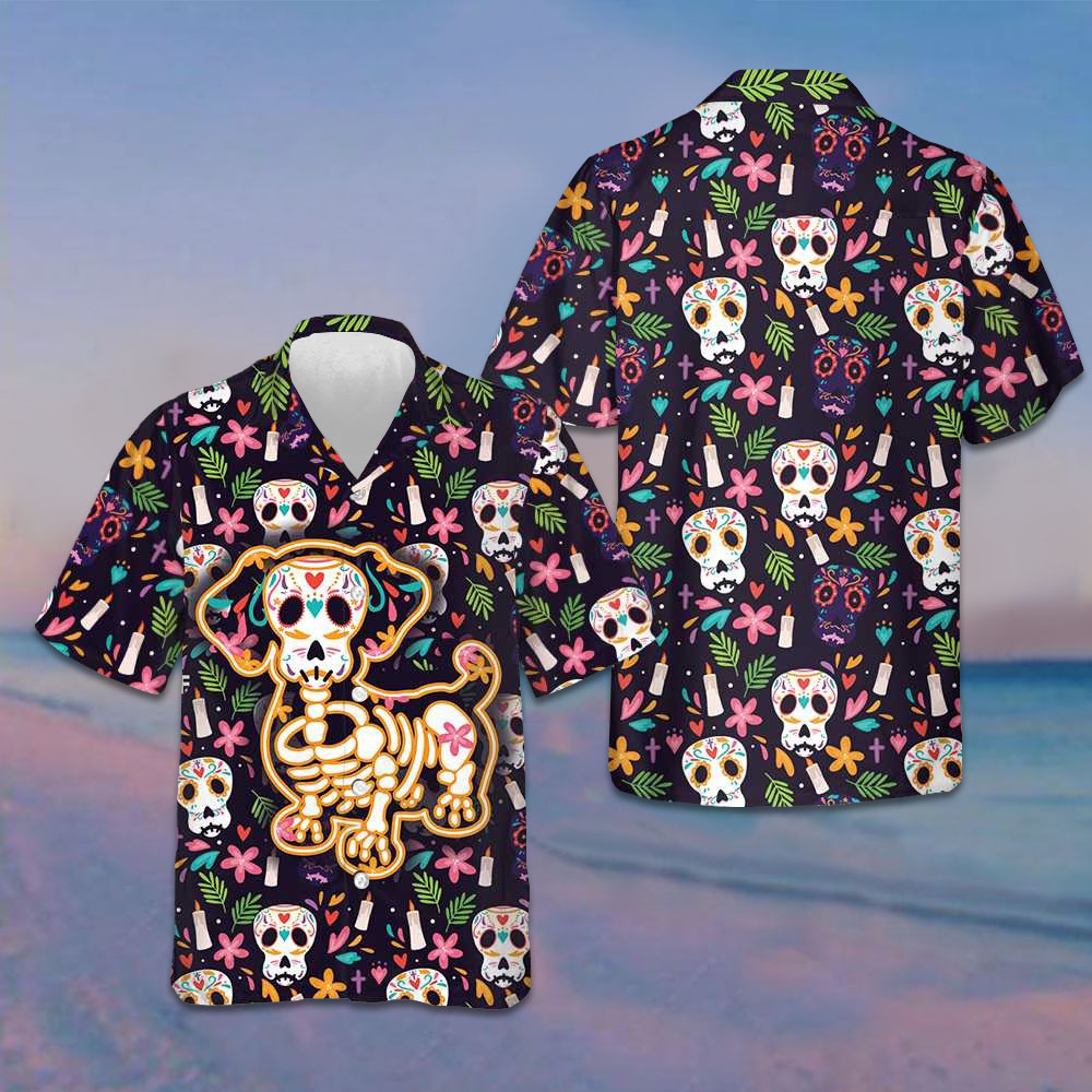 Bone Skull Dog With Mexican Pattern Hawaiian Shirt Funny Sugar Skull Dachshund Shirt Gift Ideas -WearandDecor