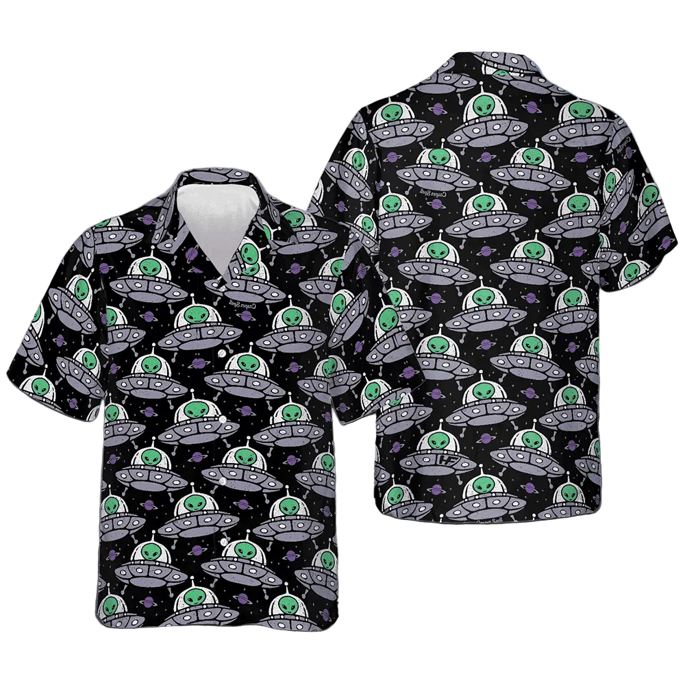 Retro Alien On Space Ship Hawaiian Shirt Men's Short Sleeve Button Down Beach Shirts Gift -WearandDecor