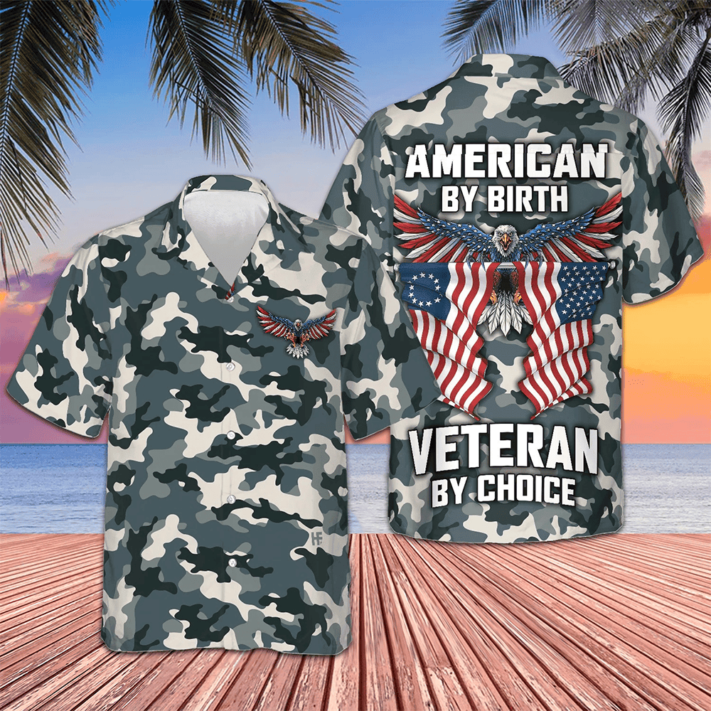 US Eagle American By Birth Veteran by Choice Camo Hawaiian Shirt Veterans Day Gift Ideas -WearandDecor