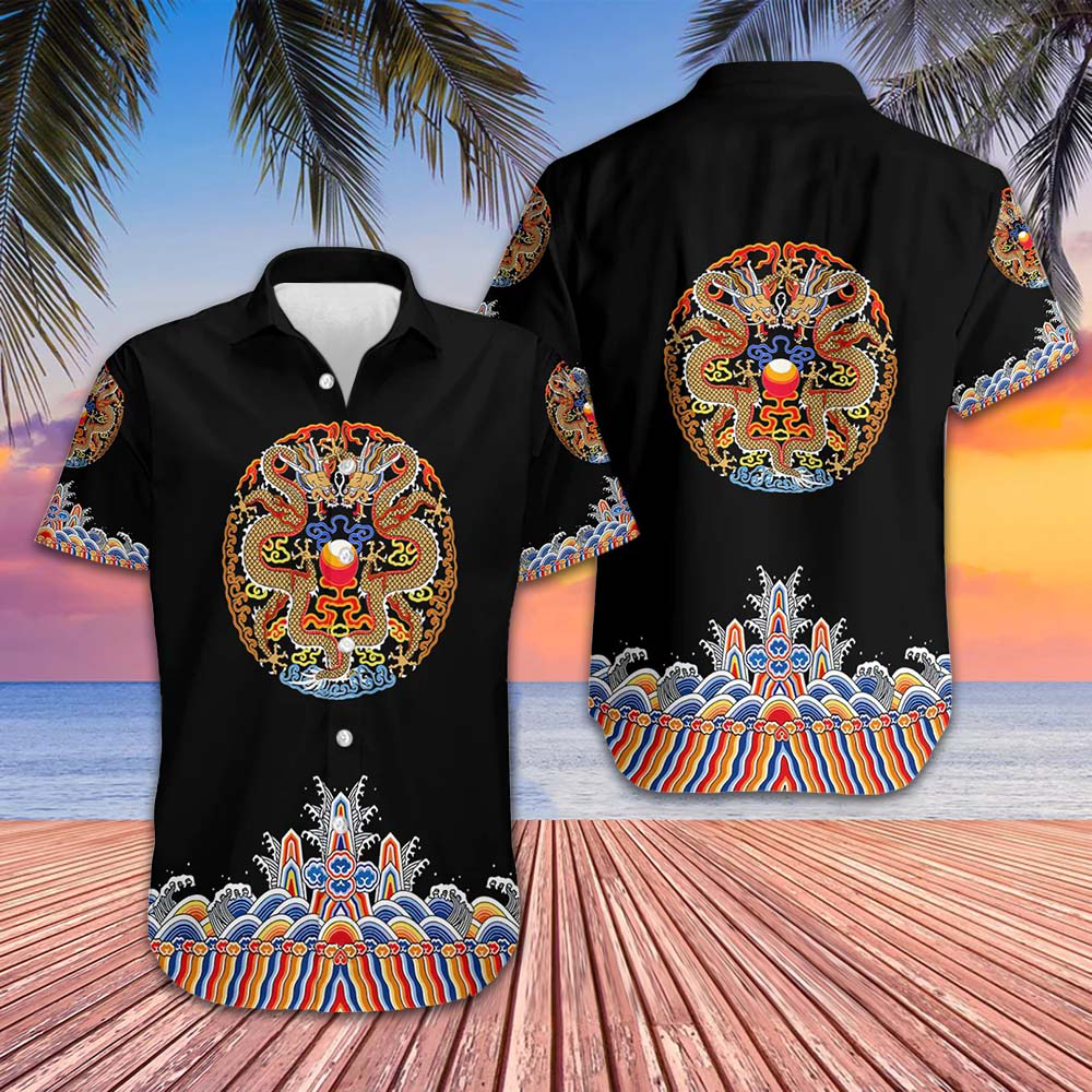 Symmetrical Chinoiserie Dragon Black Hawaiian Shirt Button Up Summer Shirts For Men -WearandDecor