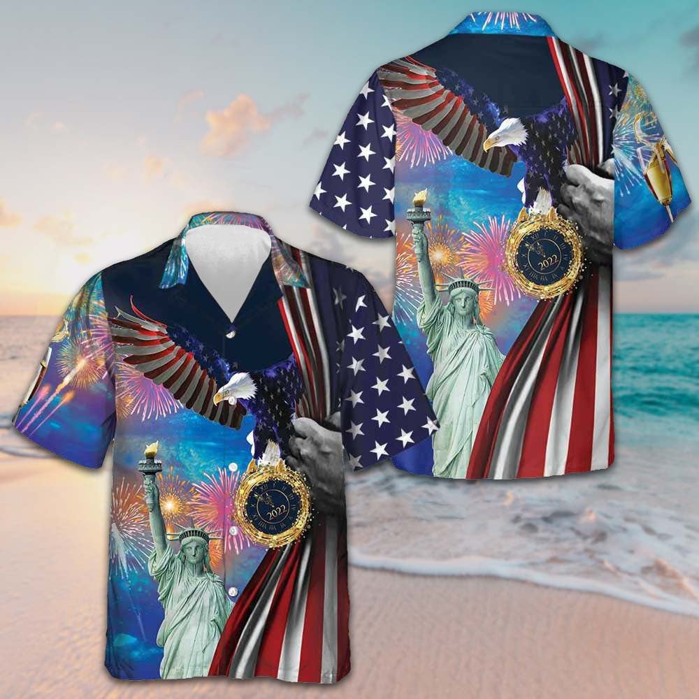 Happy New Year America Hawaiian Shirt Patriotic Button Up Shirt Gifts For Hubby -WearandDecor