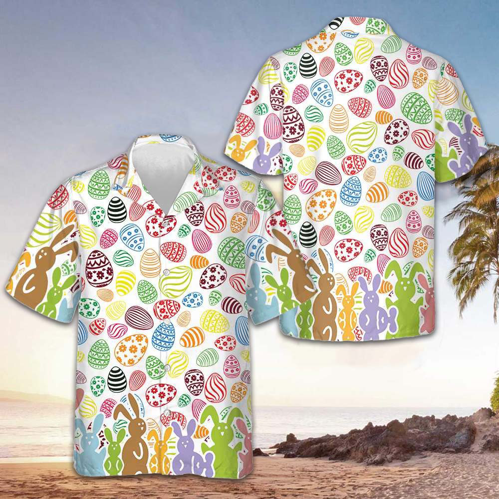 Colorful Rabbits And Easter Eggs Seamless Pattern Hawaiian Shirt Funny Easter Shirt For Men -WearandDecor