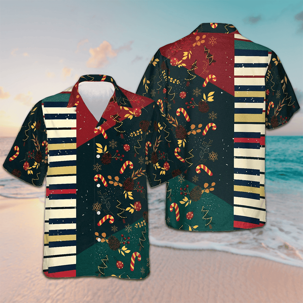 Christmas Pattern with Piano Hawaiian Shirt Christmas Button Up Shirt Gifts For Piano Lovers -WearandDecor