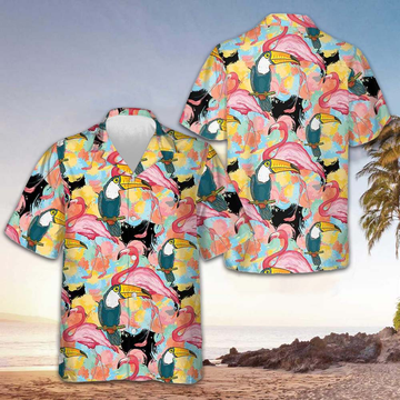 Toucans And Flamingos Exotic Floral Hawaiian Shirt Beach Button Up Shirts Mens -WearandDecor