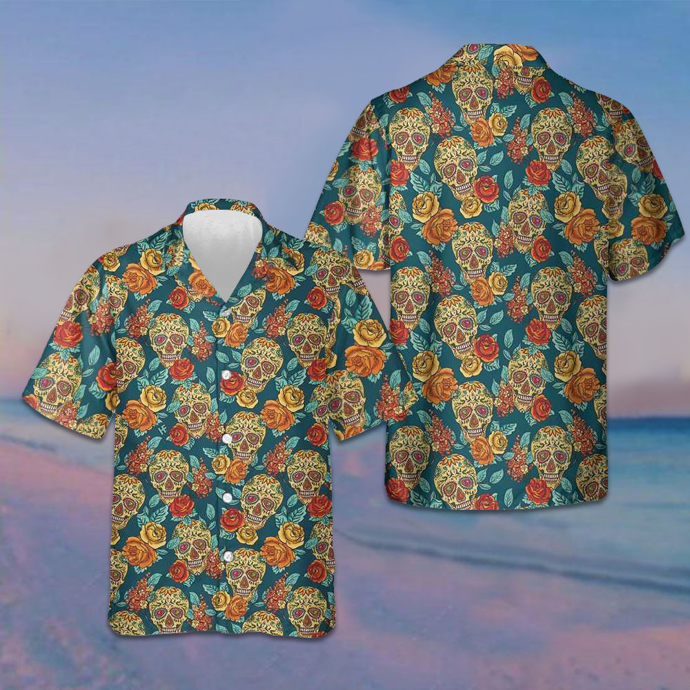 Sugar Skull Dead Day Hawaiian Shirt Mexican Skull Floral Button Up Shirt Day Of The Dead Gift -WearandDecor