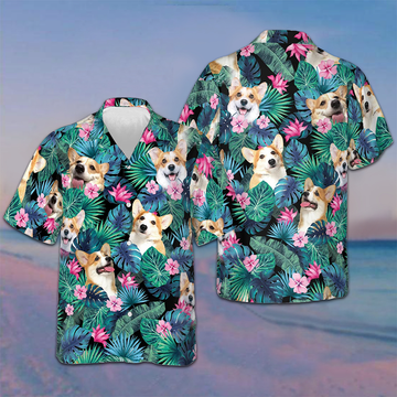 Tropical Corgi Dog Hawaiian Shirt Button Up Beach Shirts Mens Gifts For Corgi Owners -WearandDecor