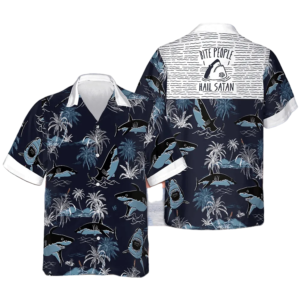 Bite People Hail Satan Shark Hawaiian Shirt Tropical Button Up Shirt Gifts For Male -WearandDecor
