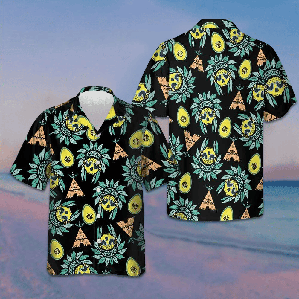 Summer Pineapple Native American Skull Hawaiian Shirt Summer Button Down Shirts Mens -WearandDecor