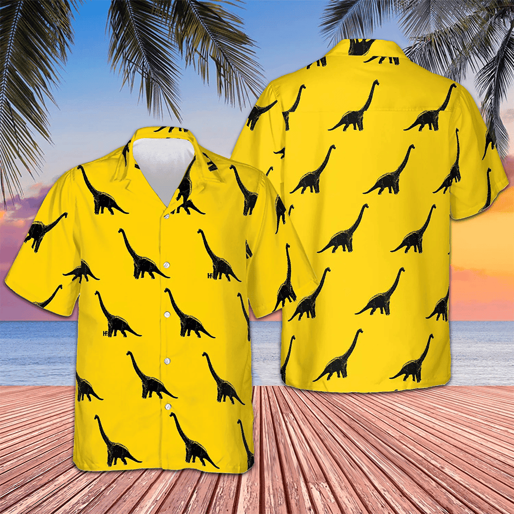 Brachiosaurus Dinosaur Hawaiian Shirt Yellow Button Up Shirt Gifts For Little Brother -WearandDecor
