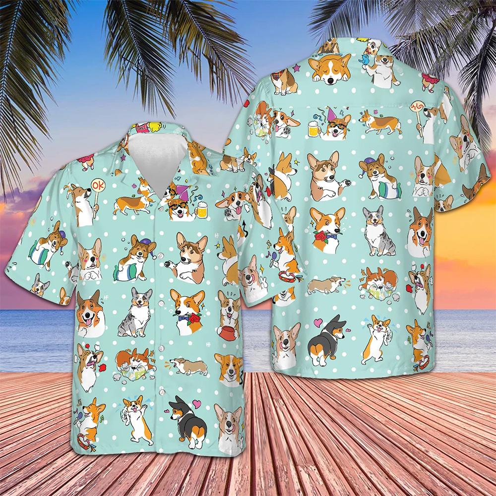 Cartoon Welsh Corgi Hawaiian Shirt Beach Button Down Gifts For Corgi Lovers -WearandDecor