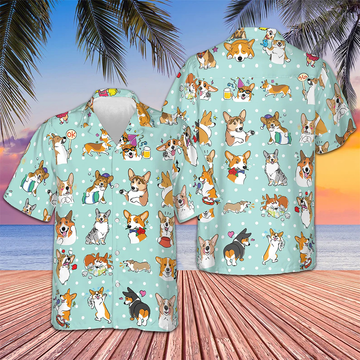 Cartoon Welsh Corgi Hawaiian Shirt Beach Button Down Gifts For Corgi Lovers -WearandDecor