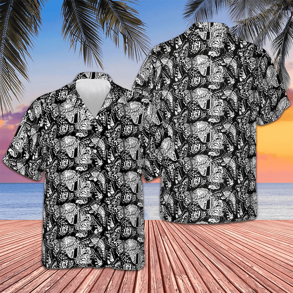 Black And White Butterfly Hawaiian Shirt Men's Vacation Button Up Shirts Gifts For Son -WearandDecor