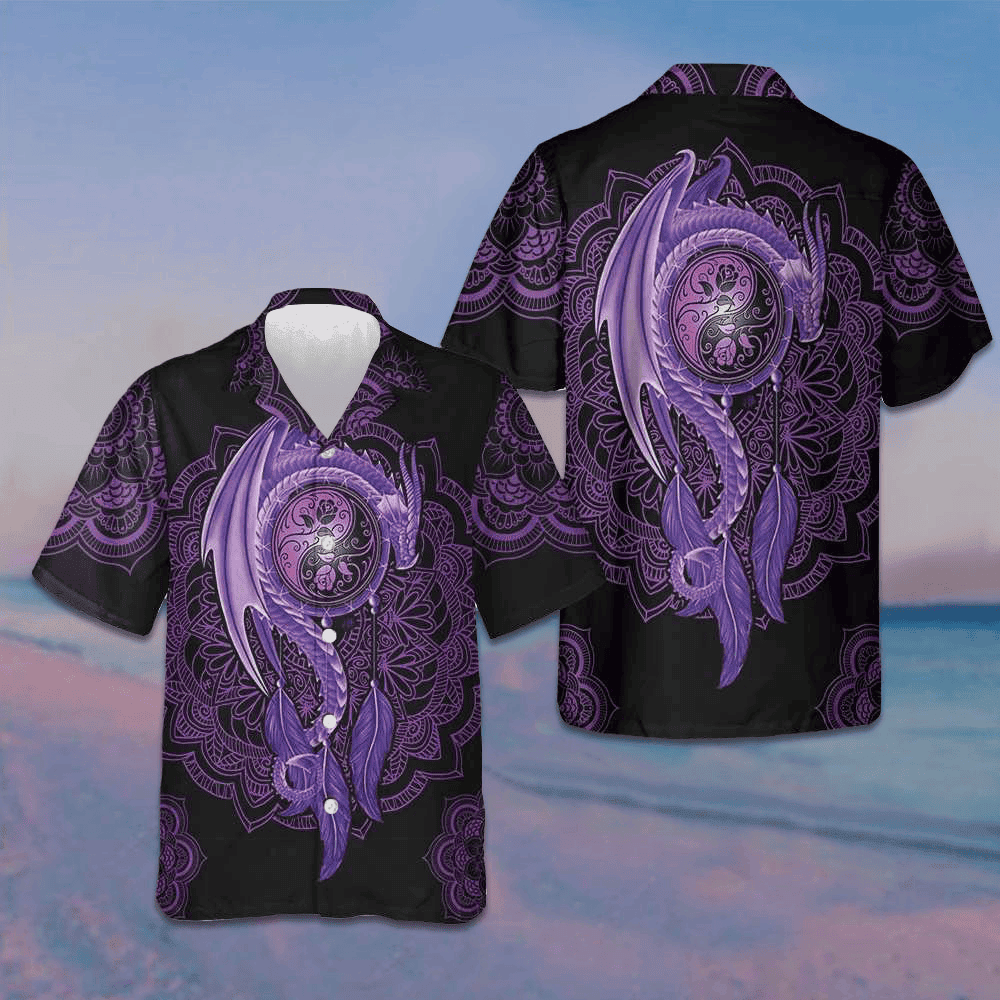 Neon Purple Dragon Mandala Hawaiian Shirt Beach Button Down Shirt Men Gifts For Hubby -WearandDecor