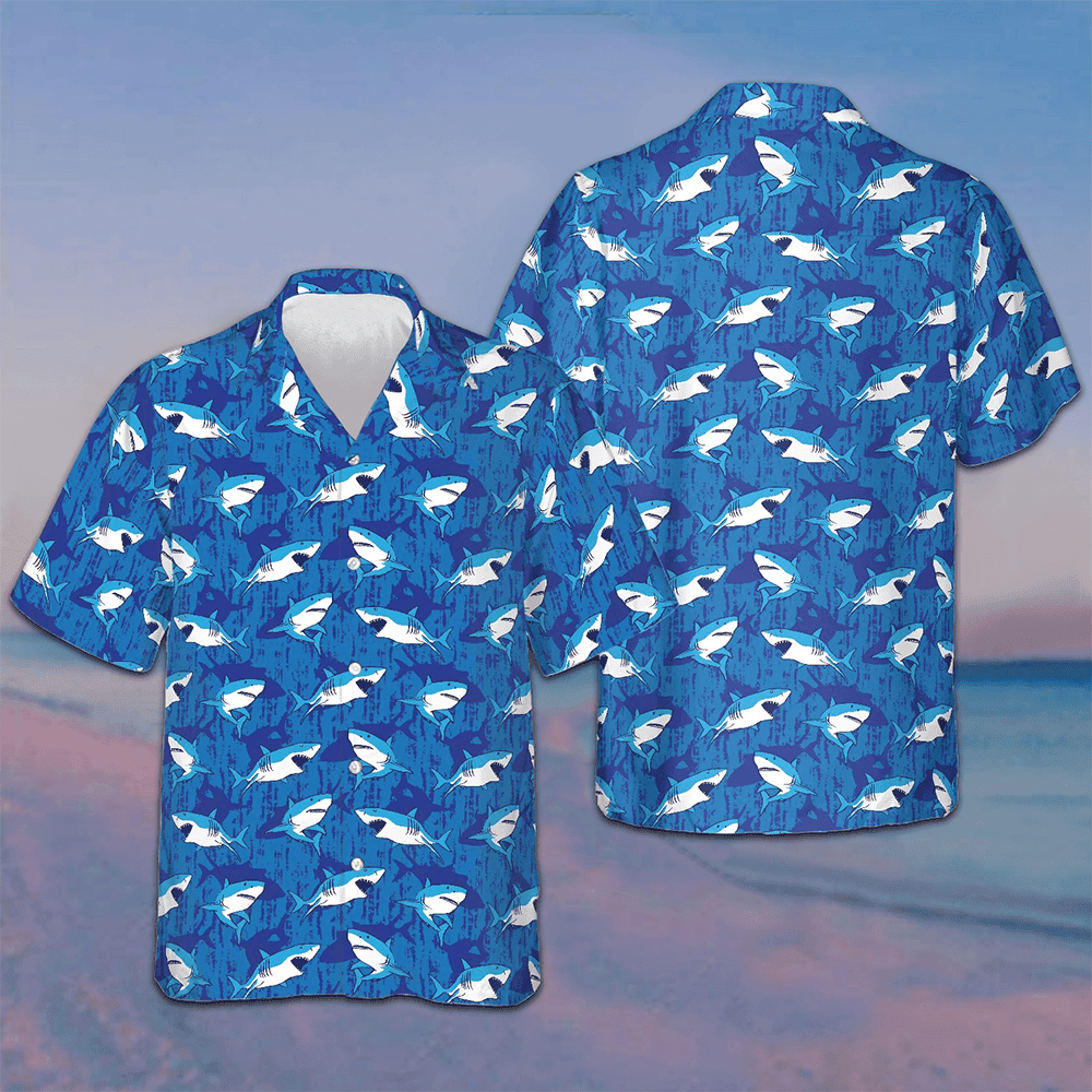 Shark Pattern Hawaiian Shirt Button Up Vacation Shirts Gifts For Shark Lovers -WearandDecor