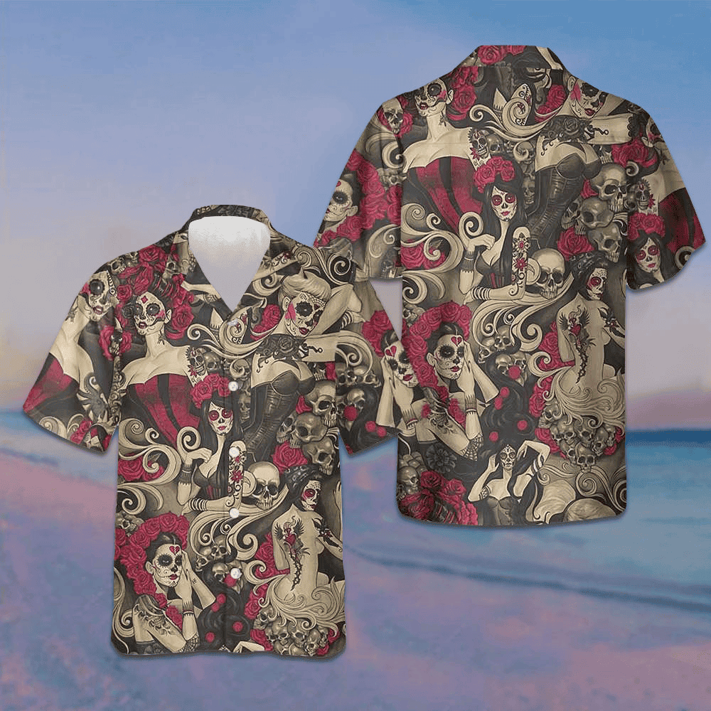 Las Elegantes Day Of The Dead Hawaiian Shirt Mens Short Sleeve Button Up Gifts For Guys -WearandDecor