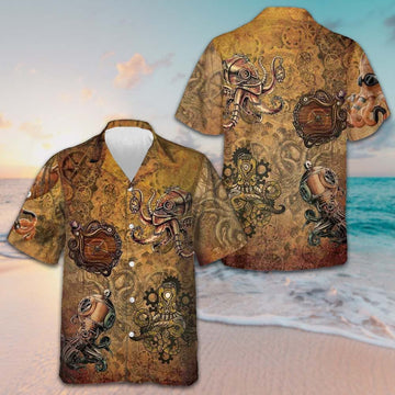 Steampunk Octopus Hawaiian Shirt Mens Short Sleeve Button Up Beach Shirts Best Gifts -WearandDecor