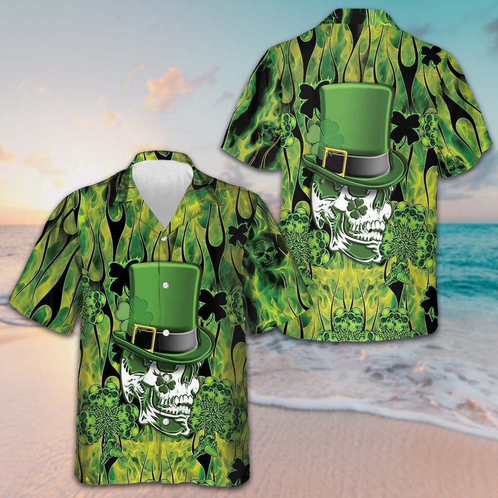 Irish Skull Saint Patricks Day Hawaiian Shirt Short Sleeve Button Up Gifts For Husband -WearandDecor