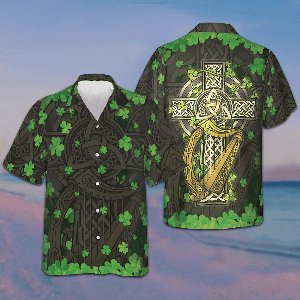 The Celtic Cross Harp Irish Proud Hawaiian Shirt Button Up Summer Shirts For Men -WearandDecor