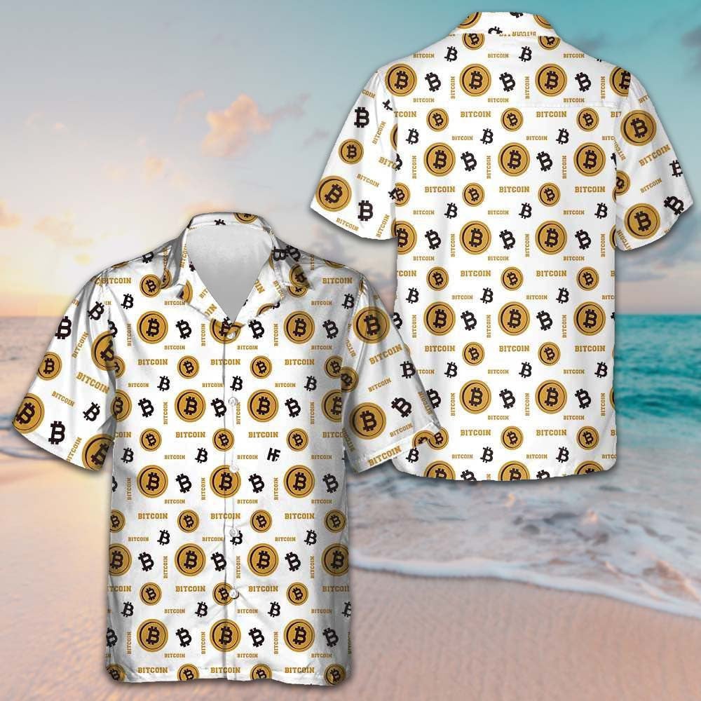 Bitcoin Seamless Pattern In White Background Hawaiian Shirt Short Sleeve Button Up Men -WearandDecor