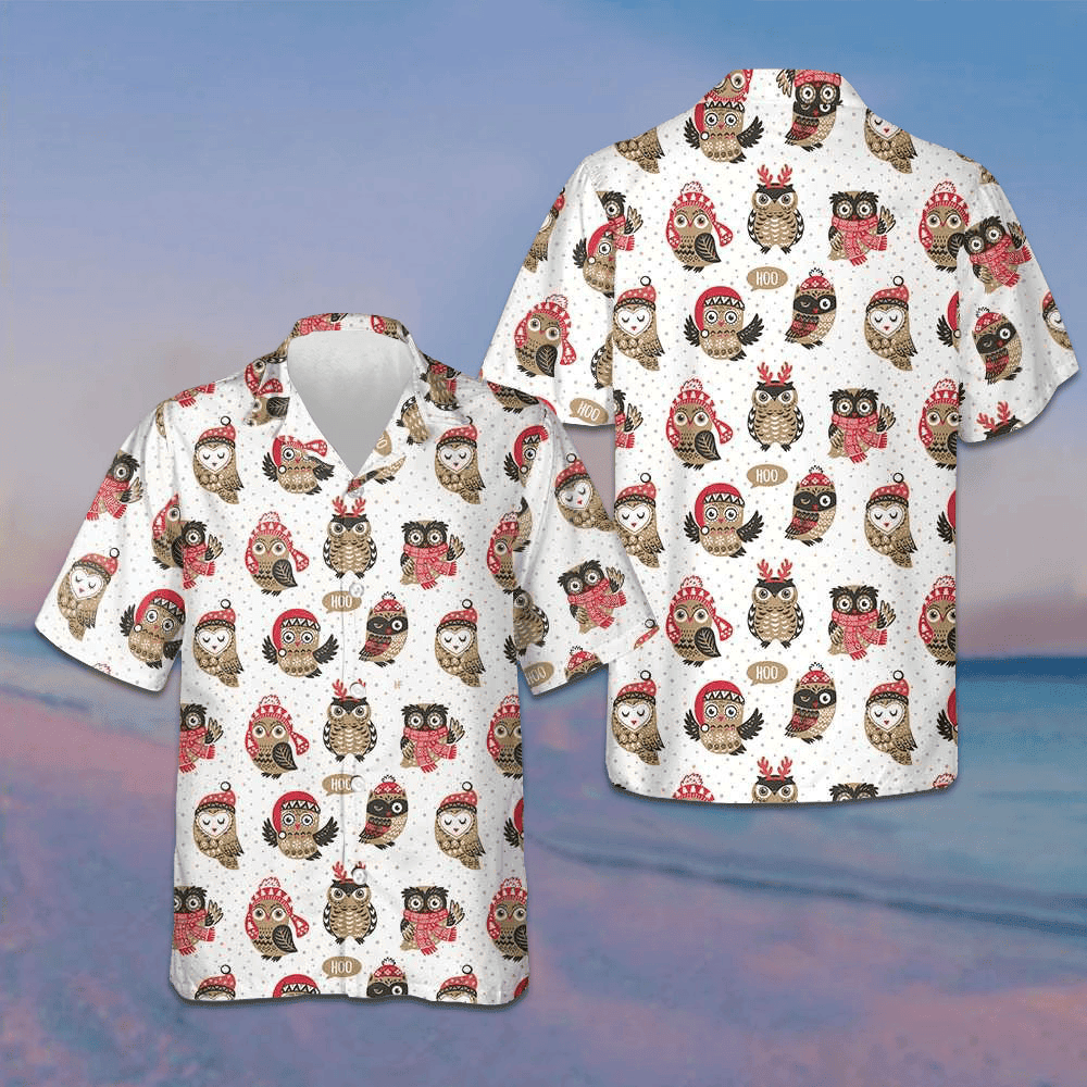 Christmas Owl With Knitted Hat Hawaiian Shirt Cute Christmas Shirt Gifts For Him -WearandDecor